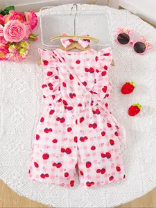 Cute Casual Strawberry Plaid Print Jumpsuit with Small Crossbody Bag, Women's Fashion One-Piece, Perfect for Spring & Summer
