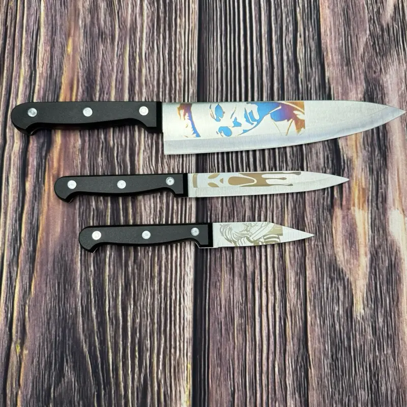 Halloween themed kitchen knife 3 piece set laser engraved with sheath