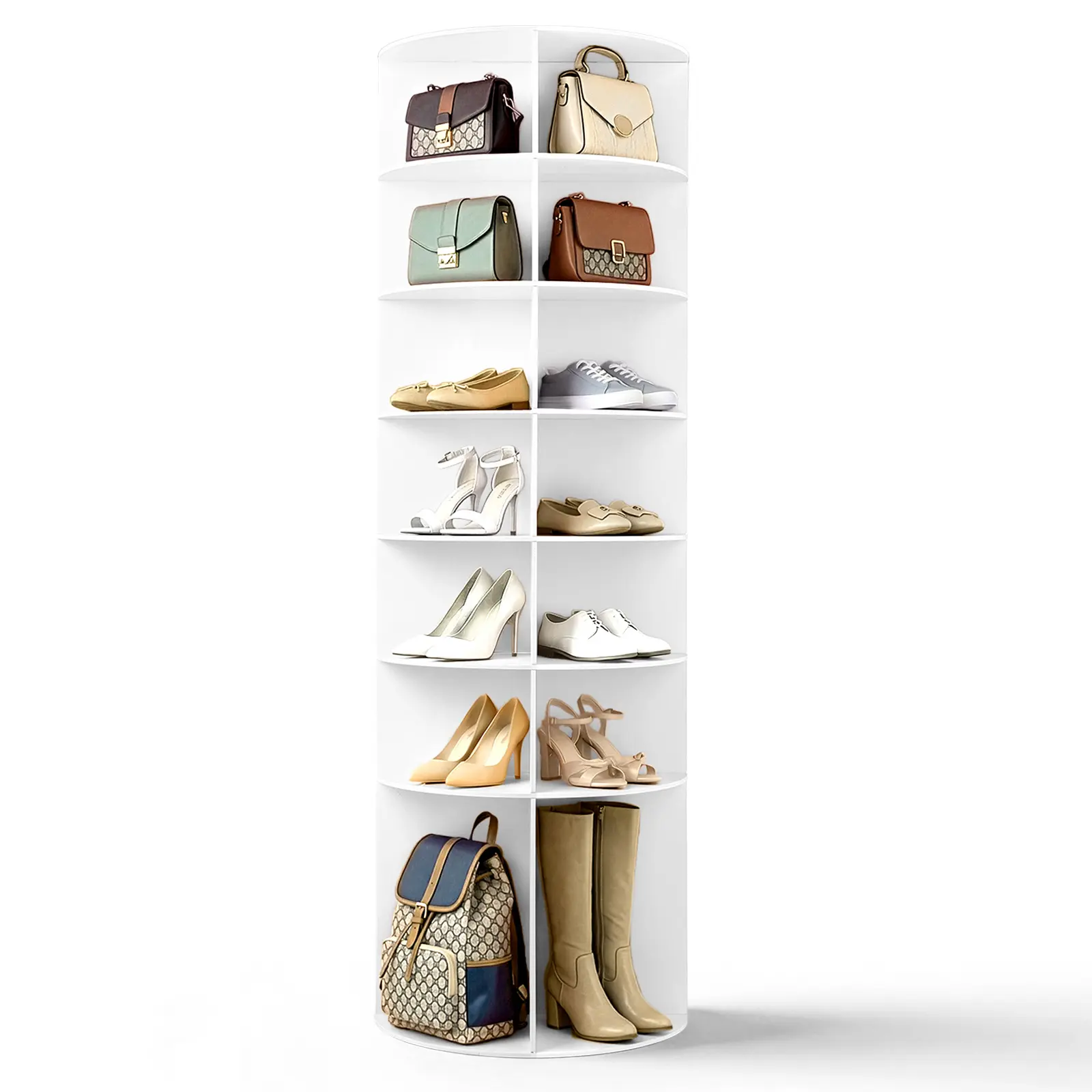 White 7-Tier 360 Degree Rotating Shoe Rack Made Of Wood-Plastic Composite Material, Circular Spinning Lazy Susan Display Tower With Independent Double Compartments, Heavy Duty Freestanding Storage Shelf For Footwear Handbags Cosmetics Organizing