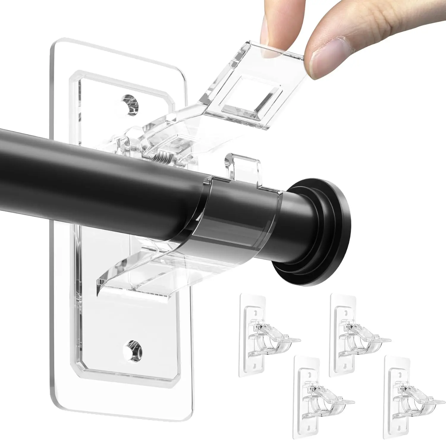 4 Pack No Drill Curtain Rod Brackets, Adhesive Curtain Rod Holders, Curtain Rod Hooks for 0.5'' to 1.2'' Rods, Renter Friendly Curtain Rod Hangers for Bedroom, Bathroom, Living Room, Apartment
