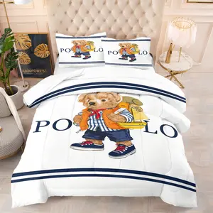 Bear Theme Comforter Set, Polo Pattern Bedding, Soft Bedding, Suitable for Boys Girls Young Adults, Bedroom Decor, Perfect Gift, Includes 1 Quilt and 1-2 Pillowcases