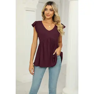 V-Neck Flutter Sleeve Babydoll Blouse