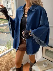Vintage Loose Cape-Style Denim Jacket, Frayed Hem Zipper Design, Casual Streetwear Women's Outerwear, Comfortable and Stylish, Everyday