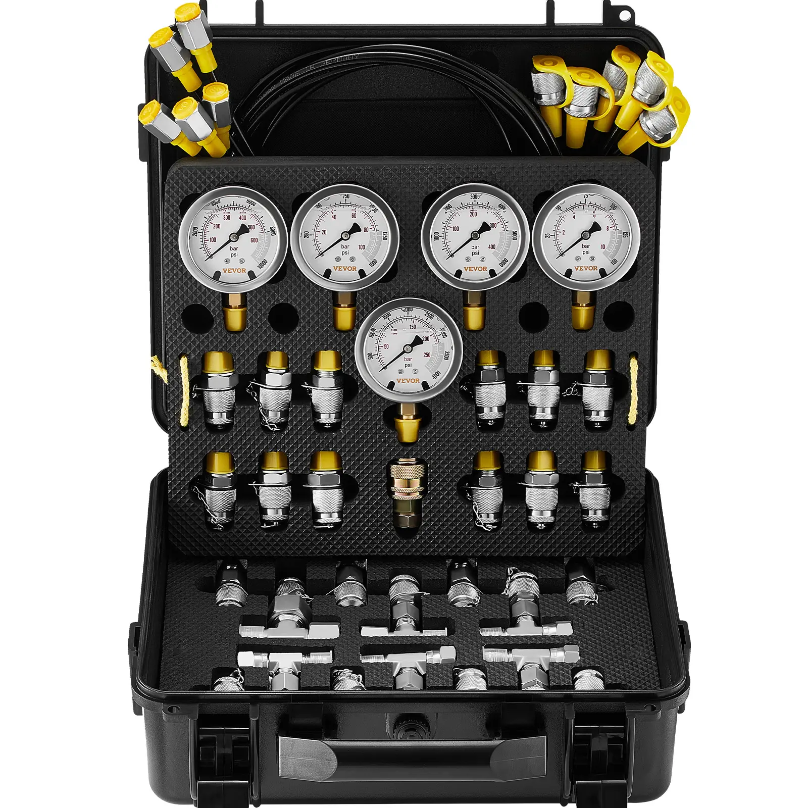 【fathersdaygift】VEVOR Hydraulic Pressure Test Kit10/100/250/400/600bar5 Gauges 13 Couplings 14 Tee Connectors 5 Test HosesExcavator Hydraulic Test Gauge Set with Carrying Case for Excavator Tractors Machinery