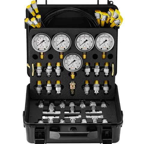 VEVOR Hydraulic Pressure Test Kit - 304 Stainless Steel, 5 Hoses & Gages (5.2ft/1.6m), 13 Couplings,14 Tee Connectors, 0-10 bar/150 psi,0-250 bar,0-4000 psi, Compact, Portable Box, Tools and Gadgets for Excavators, Construction