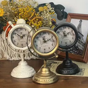 Vintage Rotating Table Clock with Metal Frame, Decorative Desktop Clock, Non-Ticking Rustic Fireplace Clock, Unique Home Decor