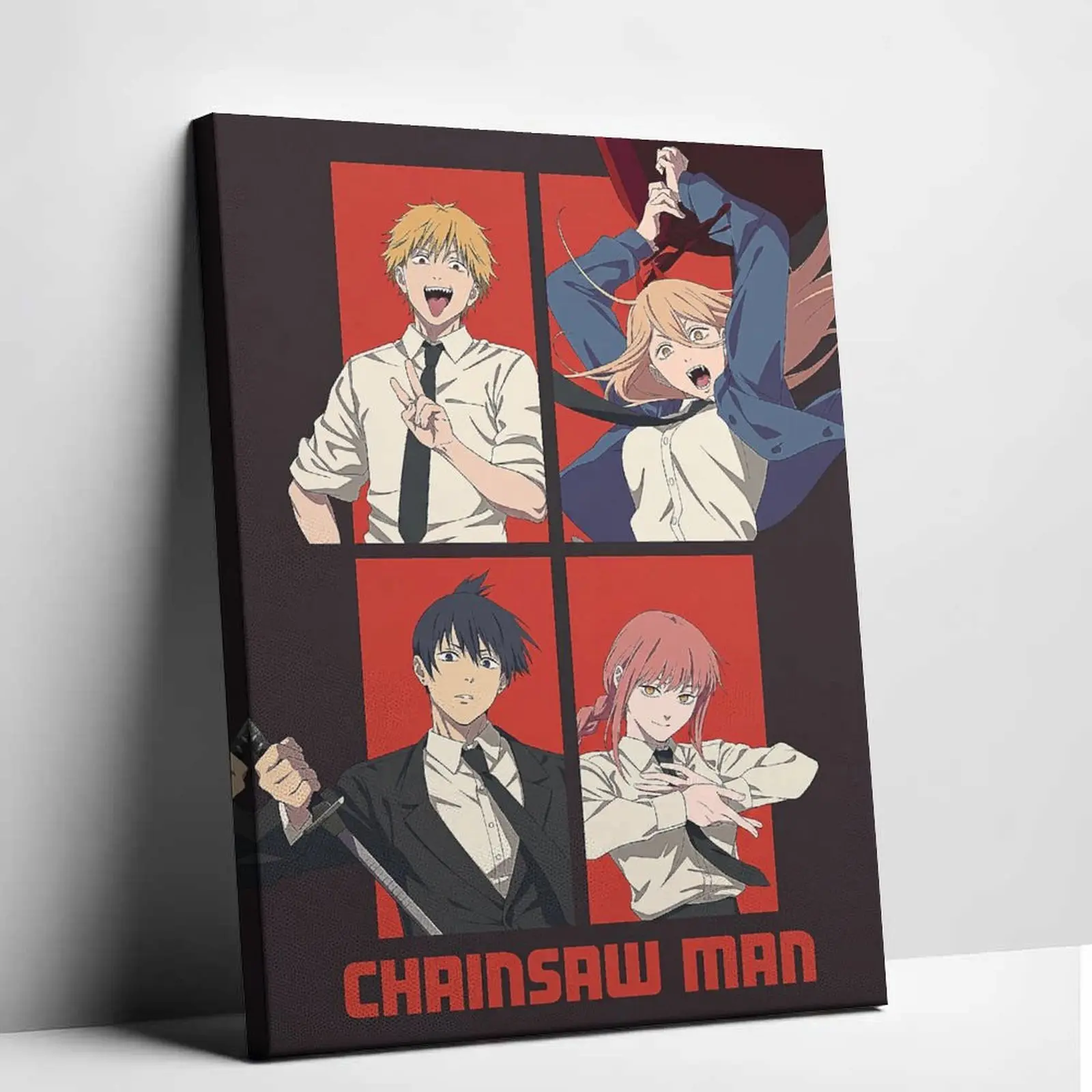 Chainsaw Man Anime Canvas Wall Art Poster - Denji, Makima, Power, Aki Team Group, Red-Black Grid Graphic, Artistic Otaku Style, Anime Room Decoration, Shonen Fan Collectible for Living Room Bedroom