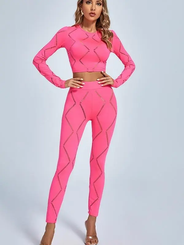 Hollow-out Crop Tops Pants Sets Clothes Crewneck