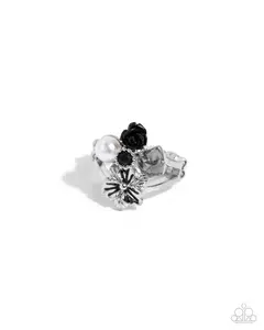 Gardening Gang - Black Rose White Pearl Silver Floral Ring - Paparazzi