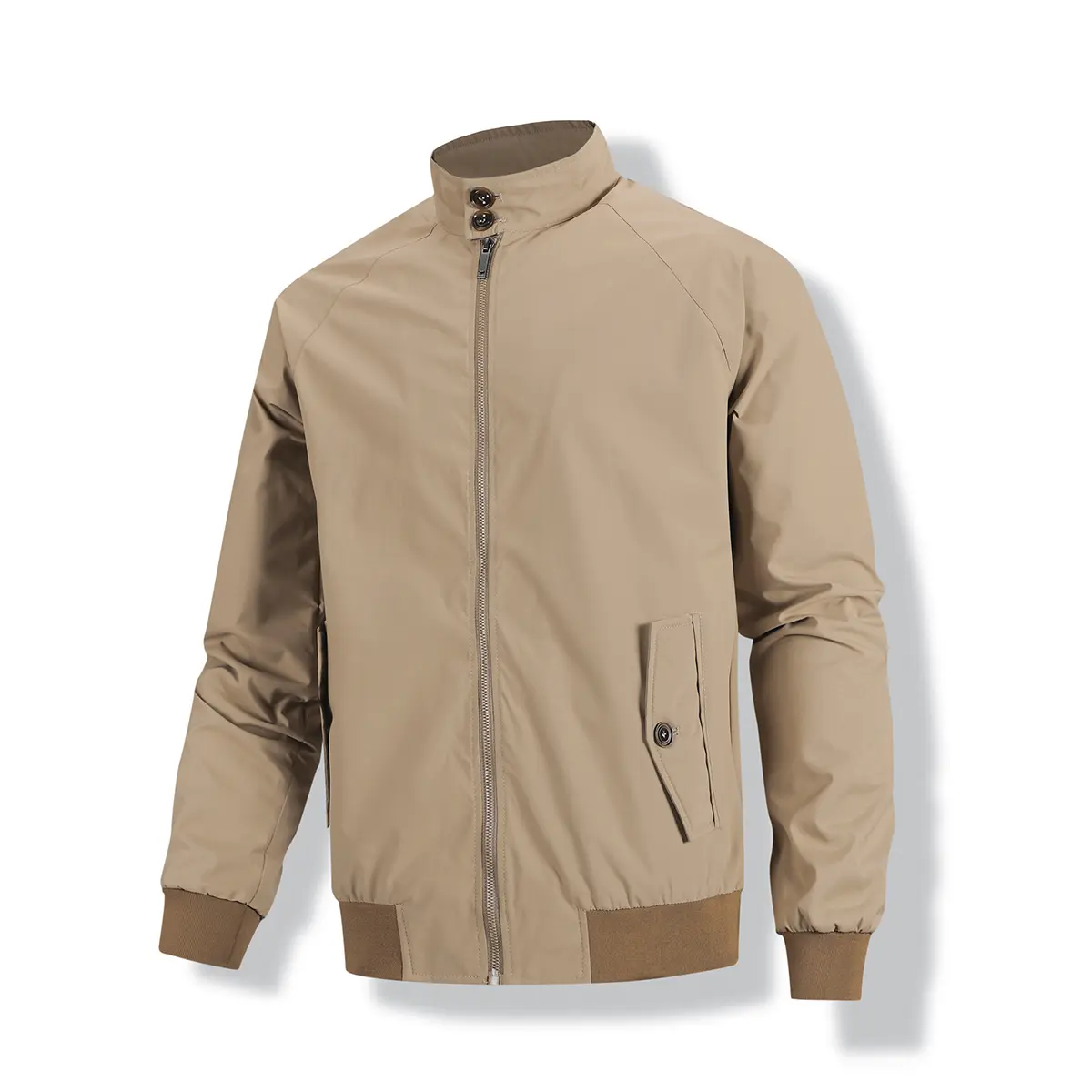 Men Stand Collar Bomber Jacket, Khaki Full Zip Harrington Coat with Button Stand Collar & Button Pockets, Ribbed Cuff Hem Lightweight Business Casual Wind Jacket