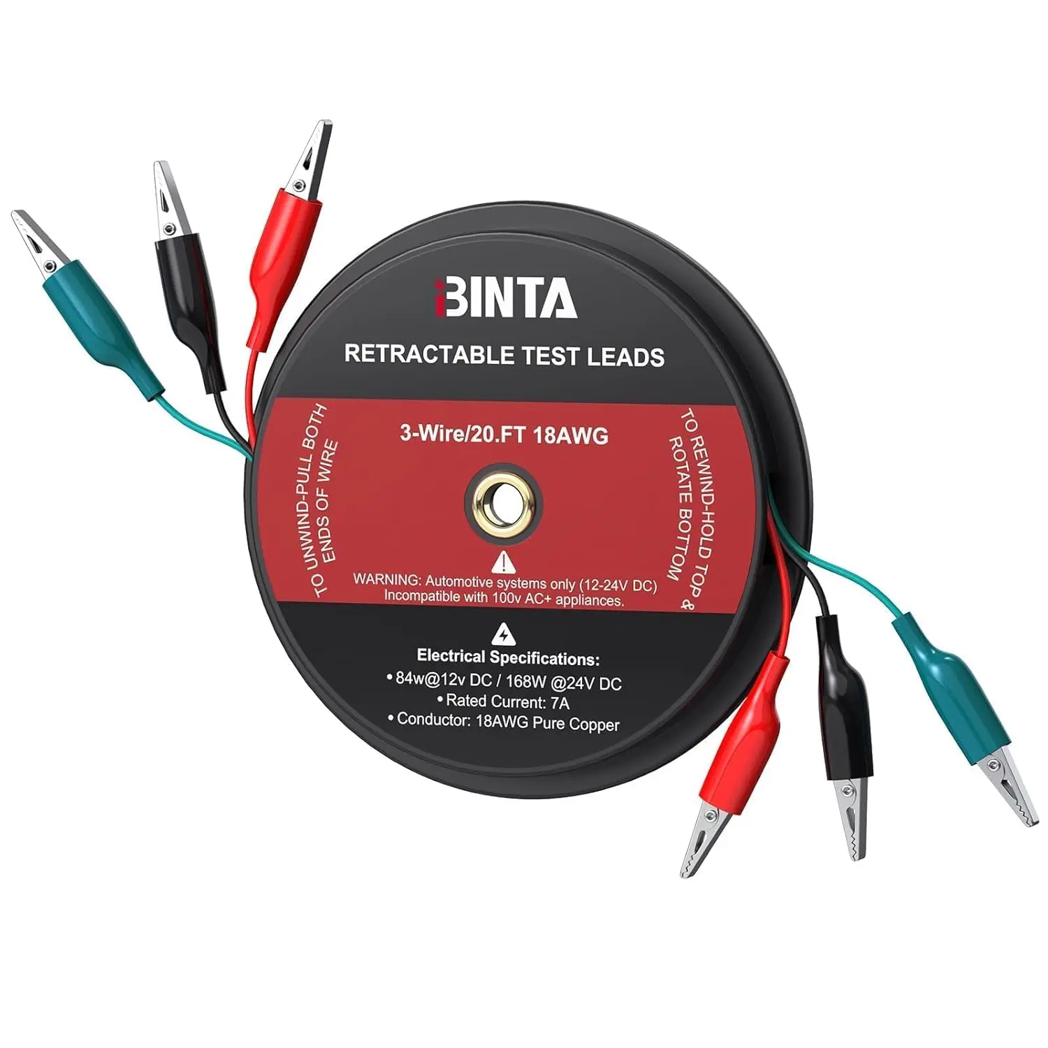 BINTA Retractable Test Leads - 3-Wire 20ft Length, 18 AWG Copper+PVC Wire, Red/Black/Blue Alligator Clips, Automotive Circuit Tester Diagnostic Tool Circuit Probe Tester for Car & Trailer Electrical Testing