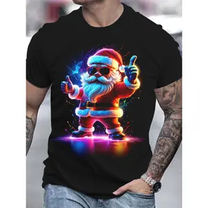 Men's Vibrant 3D Santa Claus Graphic T-Shirt – Cool Neon Design,  Casual Round Neck Short Sleeve Tee for Summer,  Festive Holiday Party & Casual Attire,  Breathable  Fabric,  Christmas Shirts