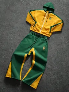 This men's two-piece tracksuit includes a turtleneck jacket and sweatpants, featuring a striking blue and black color-block design with a unique sheen. Suitable for outdoor activities and casual wear, it also makes a great holiday gift. Sweatsuit Sets