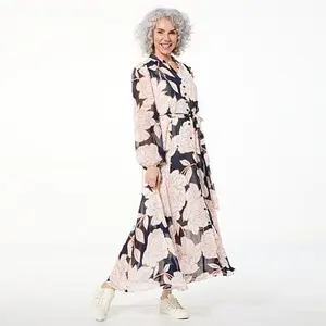 Nina Leonard Collared Button Front Chiffon Maxi Dress