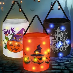 Halloween Trick or Treat Bags with LED Lights - 3 PCS13x10 Inch Glow in the Dark Pumpkin Buckets for Kids, Reusable Baskets for Halloween Party Favors & Birthday Goody Candy Bags