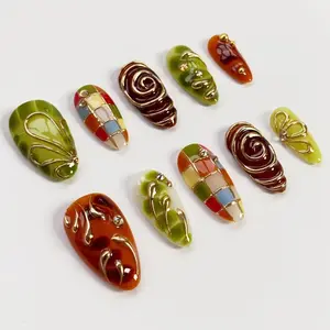Spring Dreamy Green Plaid Press On Nails Long Almond – Brown Swirl Garden Nails with 3D Gold Chrome Design, Custom Elegant Fake Nails for Women