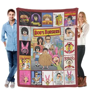 Bob’s Burgers Collage Flannel Fleece Blanket Maroon-framed Design with Quirky Cartoon Panels Belcher Family Burger Motifs Playful Quotes Perfect for Fans Cozy Binge-watching Soft Full of Character Fun Gift