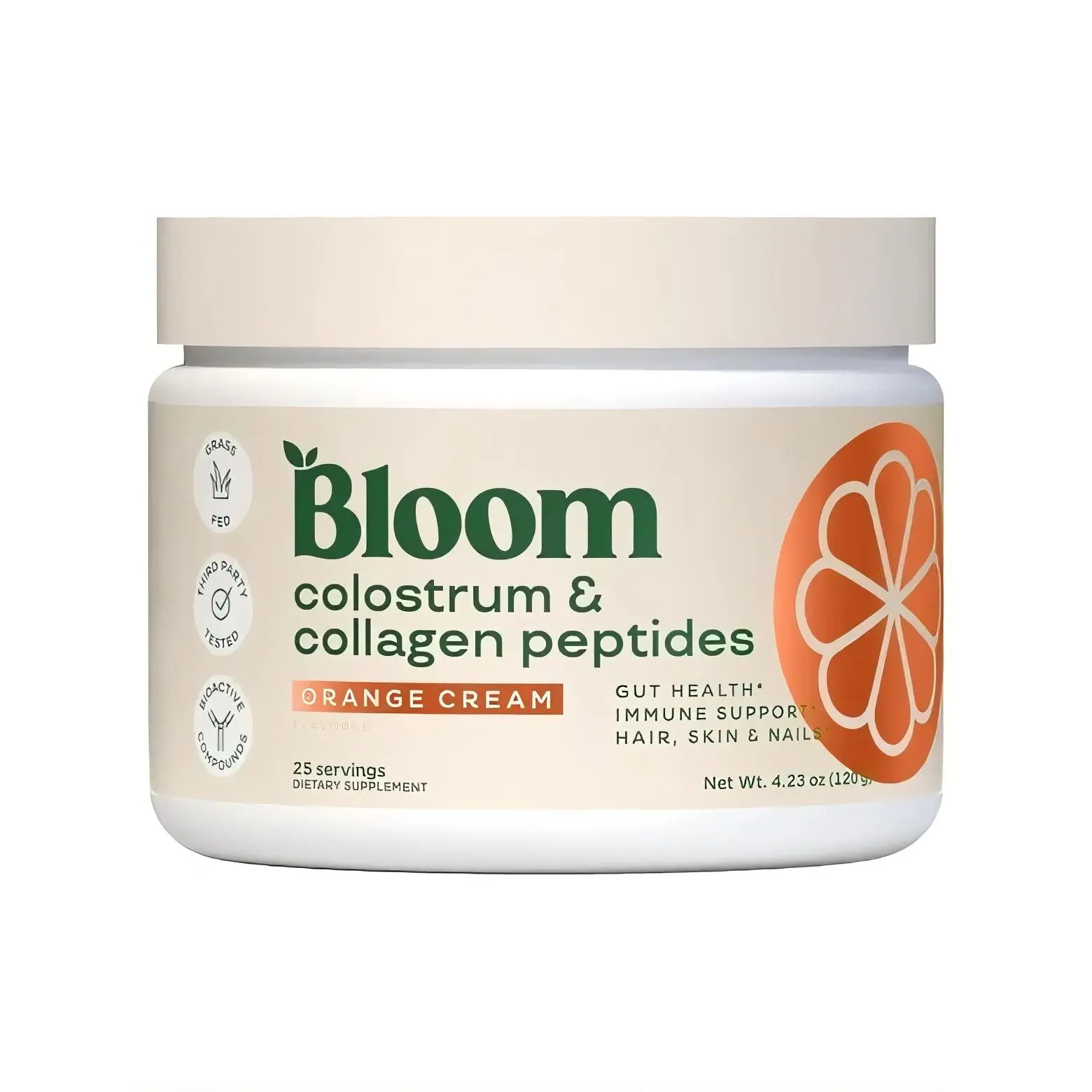 Bloom Colostrum & Collagen Peptides Orange Cream 25 Servings for Gut Health Immune Support Hair Skin & Nails 4.23 oz
