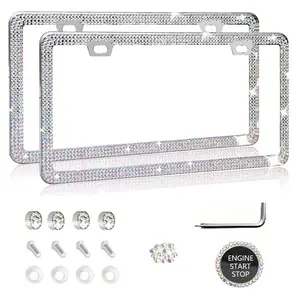 2Pcs Bling Rhinestone Car License Plate Frame Full Crystal Sparkle Diamond Metal Frame with Installation Kit Cute Auto Exterior Decor Universal US Standard Car SUV Daily Driving
