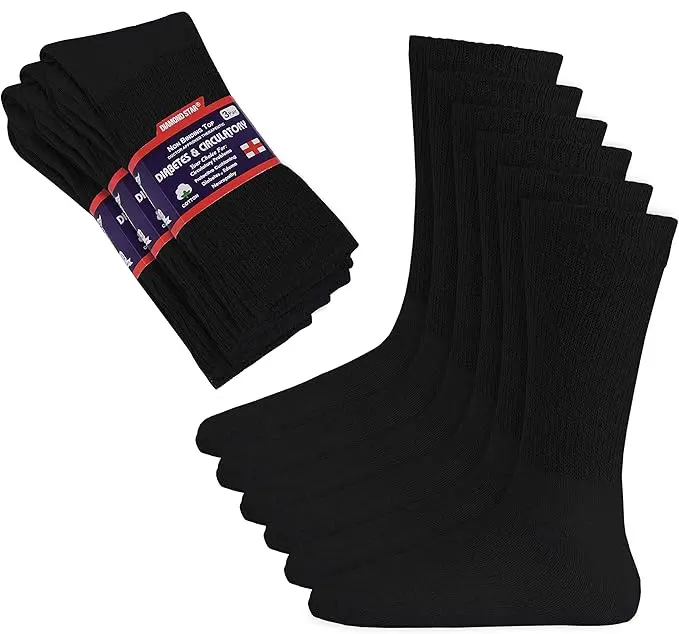 DIAMOND STAR 12 Pairs Stretchy Soft Crew Cotton Blend Diabetic Socks - Loose Top Fit, Non-Binding Circulatory Cushion, Machine Safe, for Men/Women (Shoe Size 9-11, Black Sports Socks for Outdoor Activities)