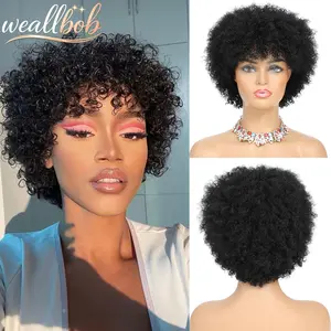 weallbob Short Afro Human Hair Wigs for Black Women Pixie Cut Curly Wigs with Bangs No Lace Curly Afro Hair Wigs