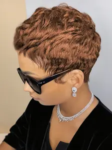 Short Pixie Cut Wigs Human Hair Black Color Brown and burgundy Color Wigs With Bangs Layered Wavy Wigs For Women Real Hair Wigs