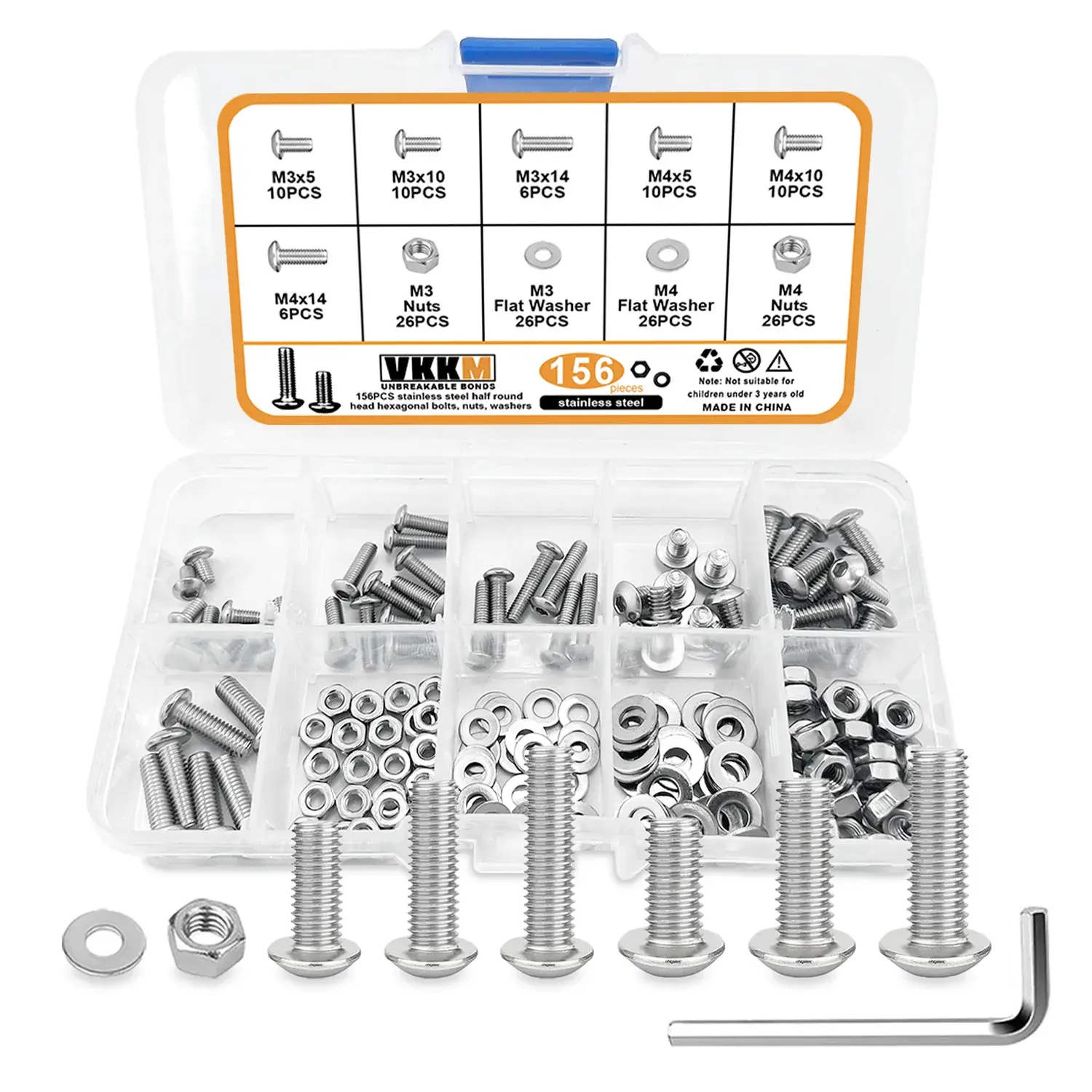 VKKM 156Pcs M3 M4 Hex Socket Button Head Screws Assortment Kit, 304 Stainless Steel Metric Machine Bolts with Hex Nuts Flat Washers & Allen Wrench, 6 Sizes M3x5/10/14 M4x5/10/14 for RC Car 3D Printer Furniture DIY Repair
