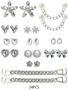 Elegant Silver Color Sparkling Shoe Decoration Charms Set, Butterfly Heart Flower Designs, Trendy Hole Shoes Accessories, 24 Pieces, Shoe Embellishment Set