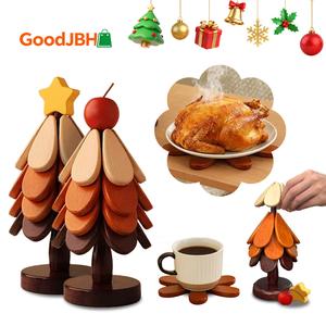 Christmas tree trivet wooden trivet, (4 Wooden Trivets &1 Stand)- Kitchen, Heat-Resistant Foldable Design,High-Quality Solid Wood,Ideal for Hot Dishes, Pots, Bowls, Teapots,family goodies,Perfect Christmas Day Gift!