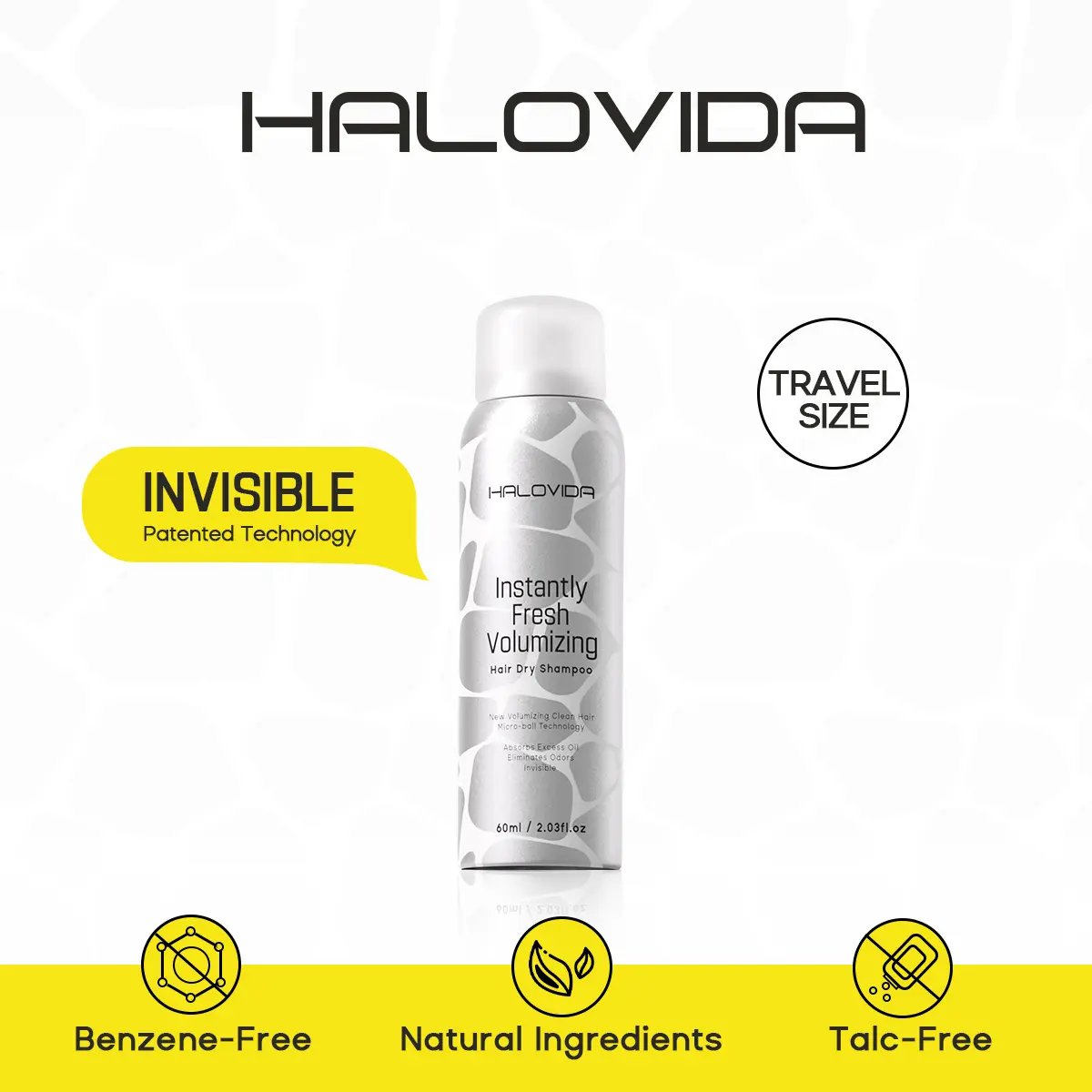 HALOVIDA Instant Fresh Volumizing Invisible Dry Shampoo Travel Size- Organic Cleansing Conditioner for Voluminous & Hydrated Hair, Absorbs Oils, Gentle Clarifying Shampoo(60ml)