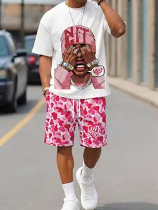 Men's Summer Daily American Hip Hop Style Hip Hop Portrait Pink Camo Shorts Crew Neck Short Sleeve Set Home Outdoor City Regular Trendy Street Casual Youth Simple Campus Retro Versatile Texture Temperament Personality Sports