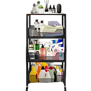 4-Tier Rolling Storage Cart with Wood Top & Metal Frame Anti-Rust Waterproof Lockable Wheels for Kitchen Pantry Office Black Utility Organizer Trolley Cart