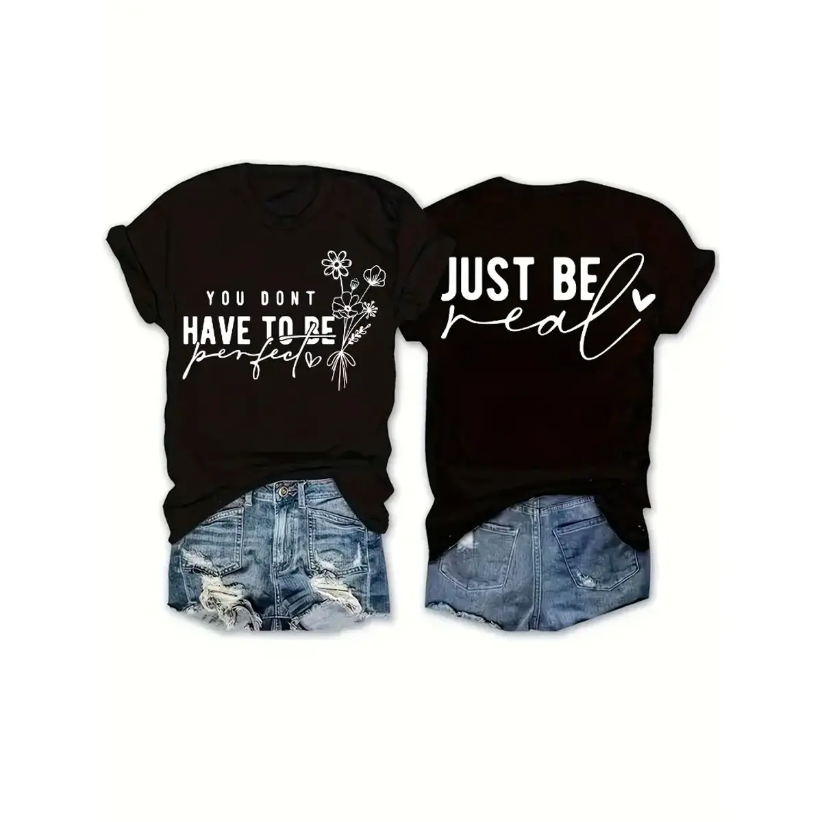 Women’s “Just Be Real You Don’t Have to Be Perfect” Graphic T-Shirt, Soft Cotton Floral Line Art Inspirational Quote Tee, Short Sleeve Crew Neck Casual Top, Summer Streetwear Everyday Outfit, Positive Message Shirt