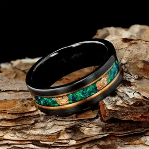 8mm Men's Ring with Crushed Opal & Rose Gold Leaf, Wedding Ring, Engagement Ring, Anniversary Gift for Him