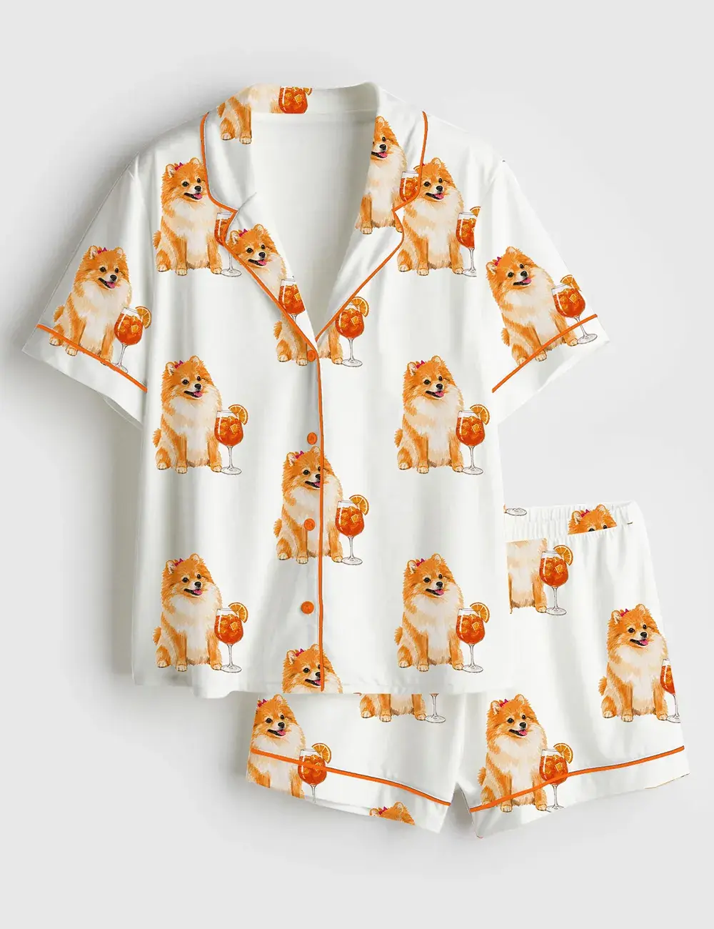 Pomeranian Dog With Orange Cocktail Art Print Long and Short Sleeve Pajama Set, Sleepwear for Women, Pajama for Girls