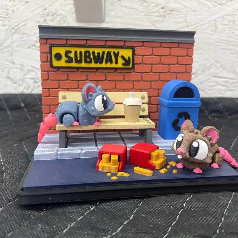 3D Printed Subway Street Mouse Playset - 2 Mice Figures Included, Trash Can Accent Home Decor Statue for Display Cabinets & Shelves