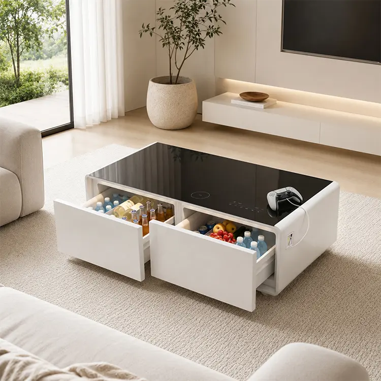 Smart Coffee Table with Refrigerator, Dual Fridge Drawers, Wireless Charging Pad, USB Charging Ports for Apartment, Minimalist Home Decor