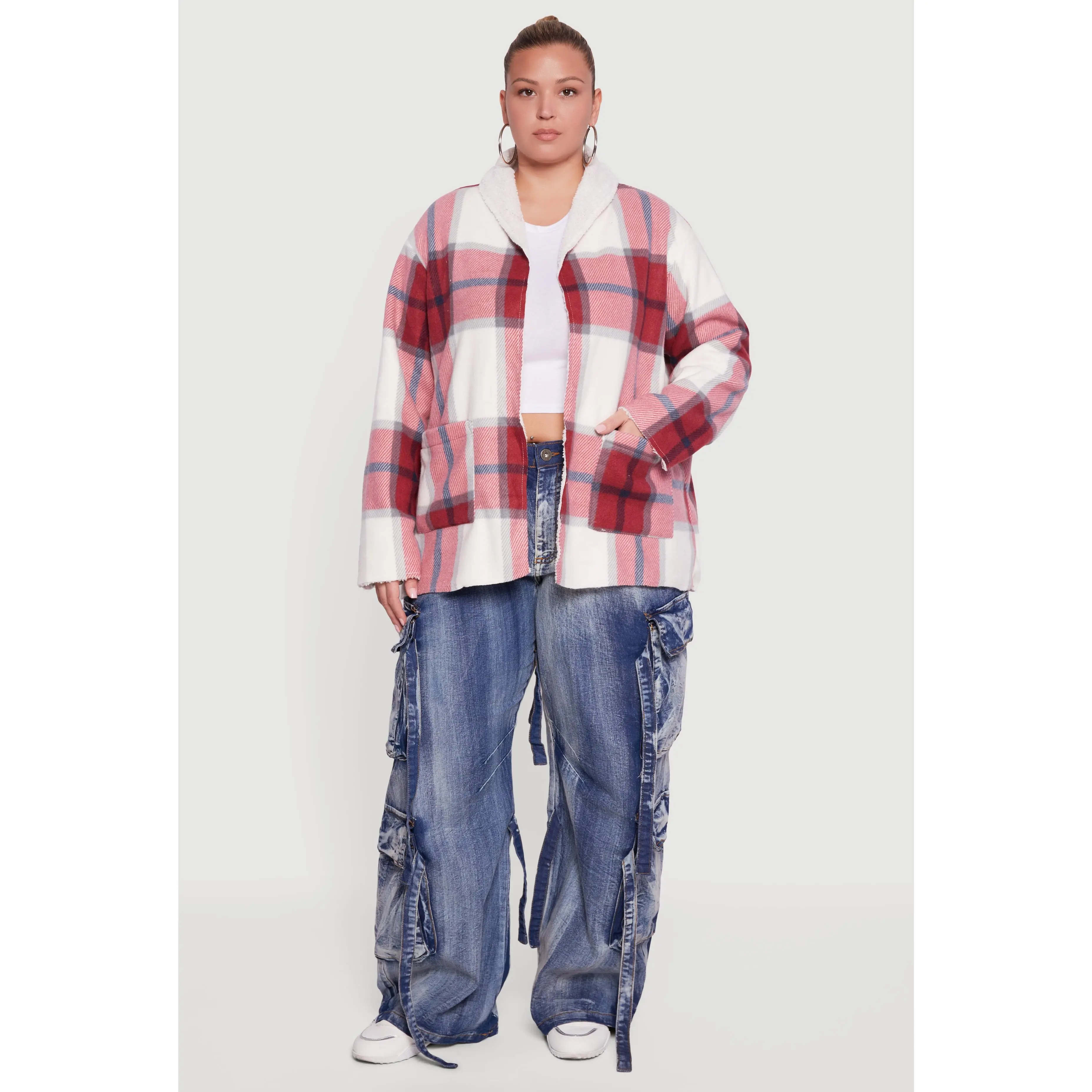 Plus Size Shawl Collar Plaid Sherpa Shacket