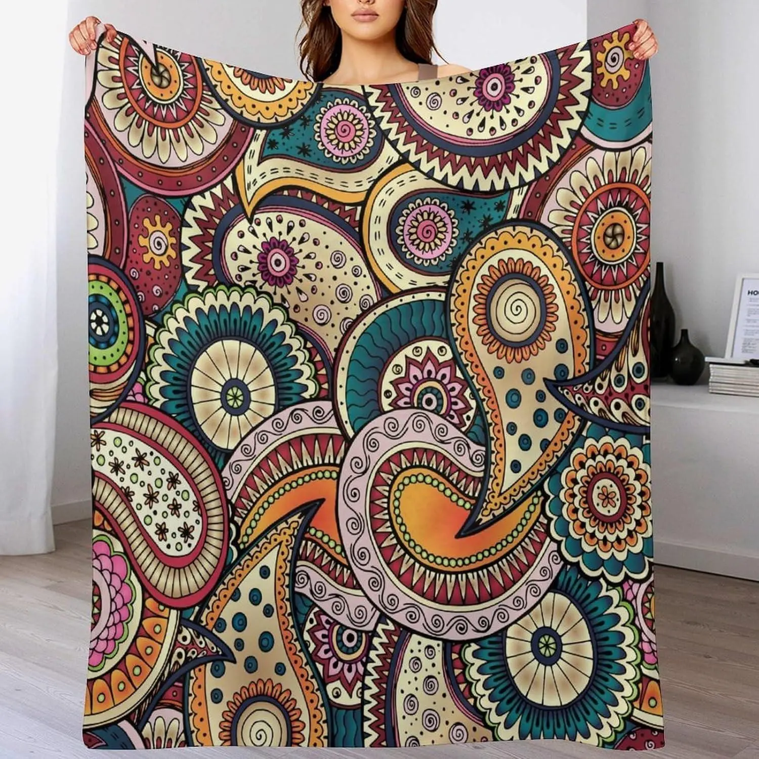 Indian Boho Throw Blanket - Mandala, Colorful Floral Paisley Design - Flower, Bohemian Style, Afghan Style, Art Print Boho Blankets for Sofa, Bed 50"x60", Flower Blankets