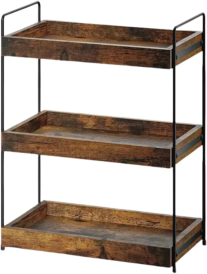 Bathroom Organizer Countertop, 3 Tier Wood Spice Rack Organizer for Kitchen Counter, Vanity Skincare Organizers Shelf for Bathroom Storage Organization, Rustic Brown