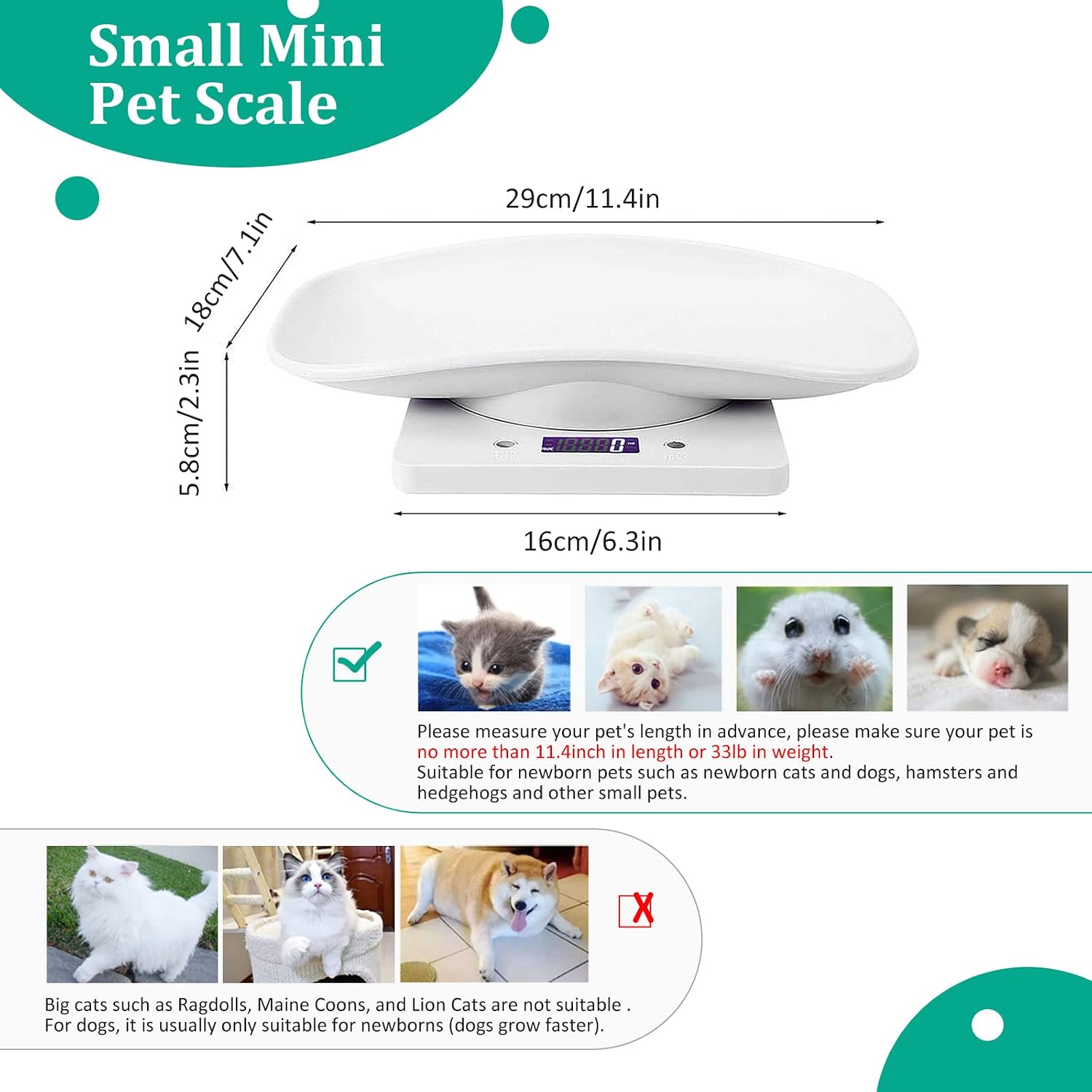 Digital Pet Scale for Small Animals, 33lb/15kg Pet Weight Scale with 1g Precision, LED Display, Puppy & Kitten Scale, Reptile, Guinea Pig & Rabbit Scale with Tare Function for Home & Vet