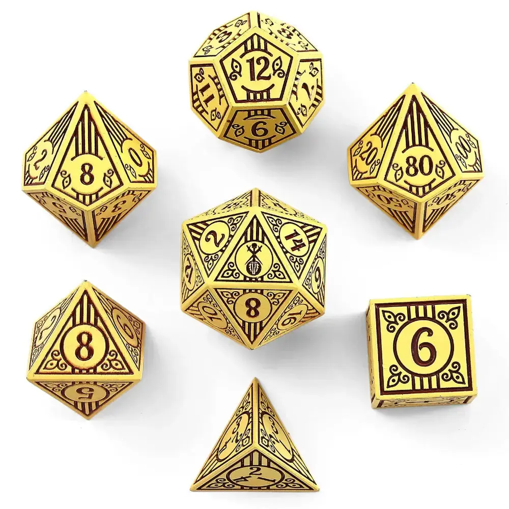 Bard Cream w/Brown Metal Polyhedral (D&D) Dice Set (7)
