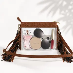 Clear Crossbody Bag With Leather Fringe Tassel, Small Transparent Purse For Women, Boho Western Style Shoulder Bag For Concert, Travel & Daily Use