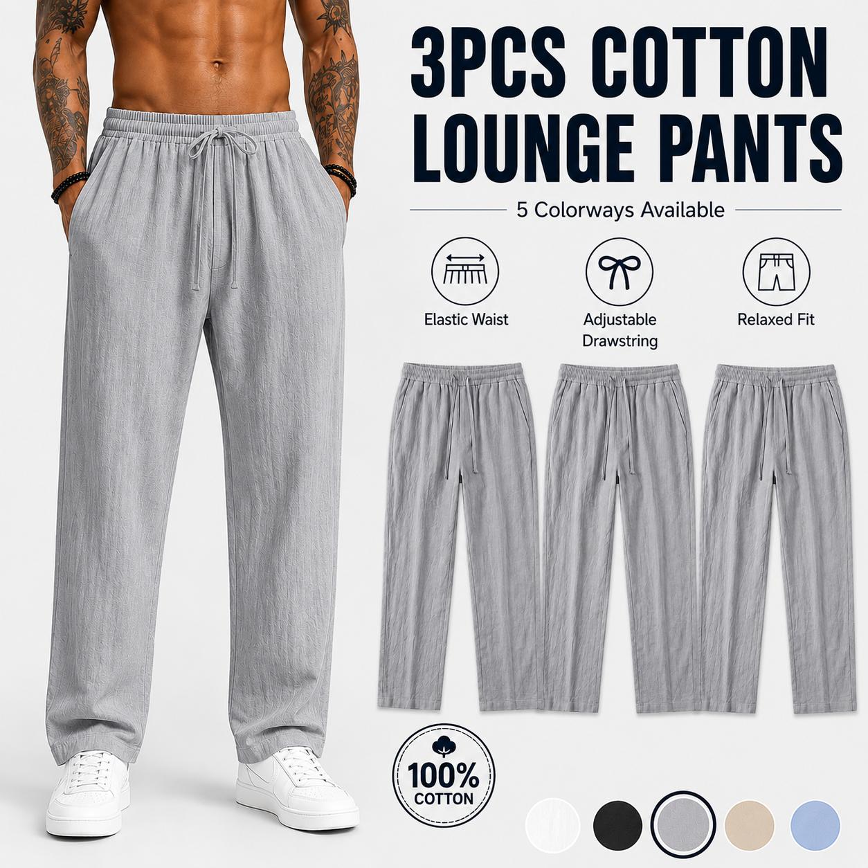 3-pack men’s casual pants, 100% cotton-linen comfortable, soft, breathable, lightweight drawstring pants with pockets, suitable for summer everyday wear, sports, leisure, and outdoor beach activities.