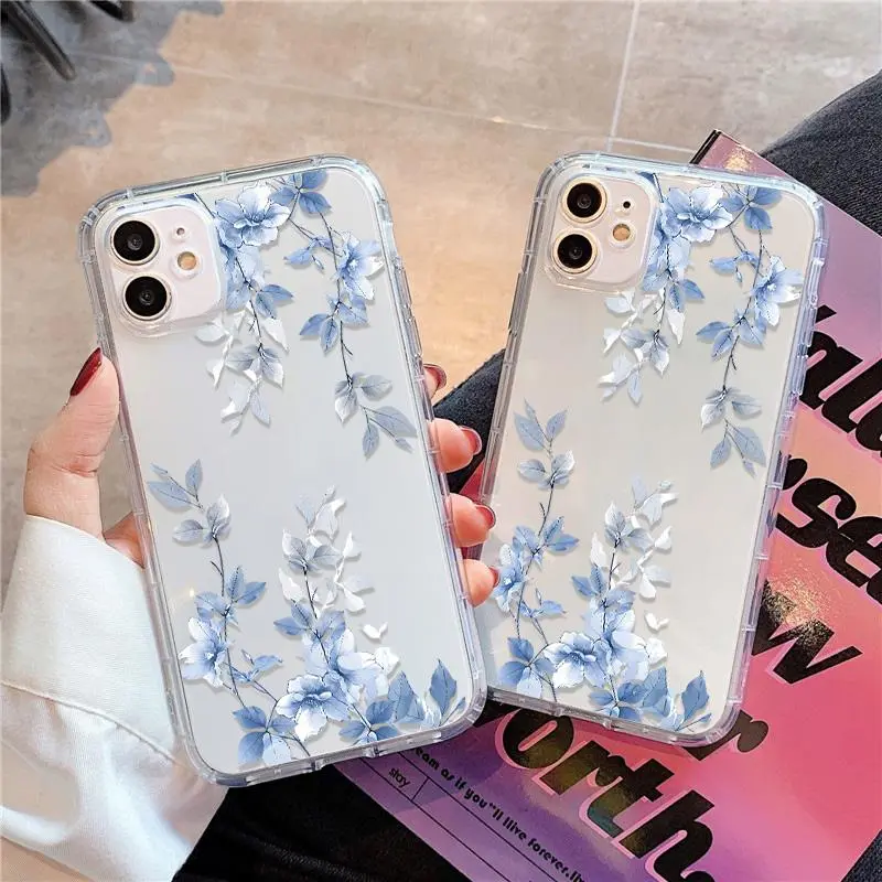 Blue Flower Transparent Phone Case For iPhone 15 Pro Max 17 Air 17 Pro 14 iPhone 16 12 13 11 Silicone Shockproof Funda Cover