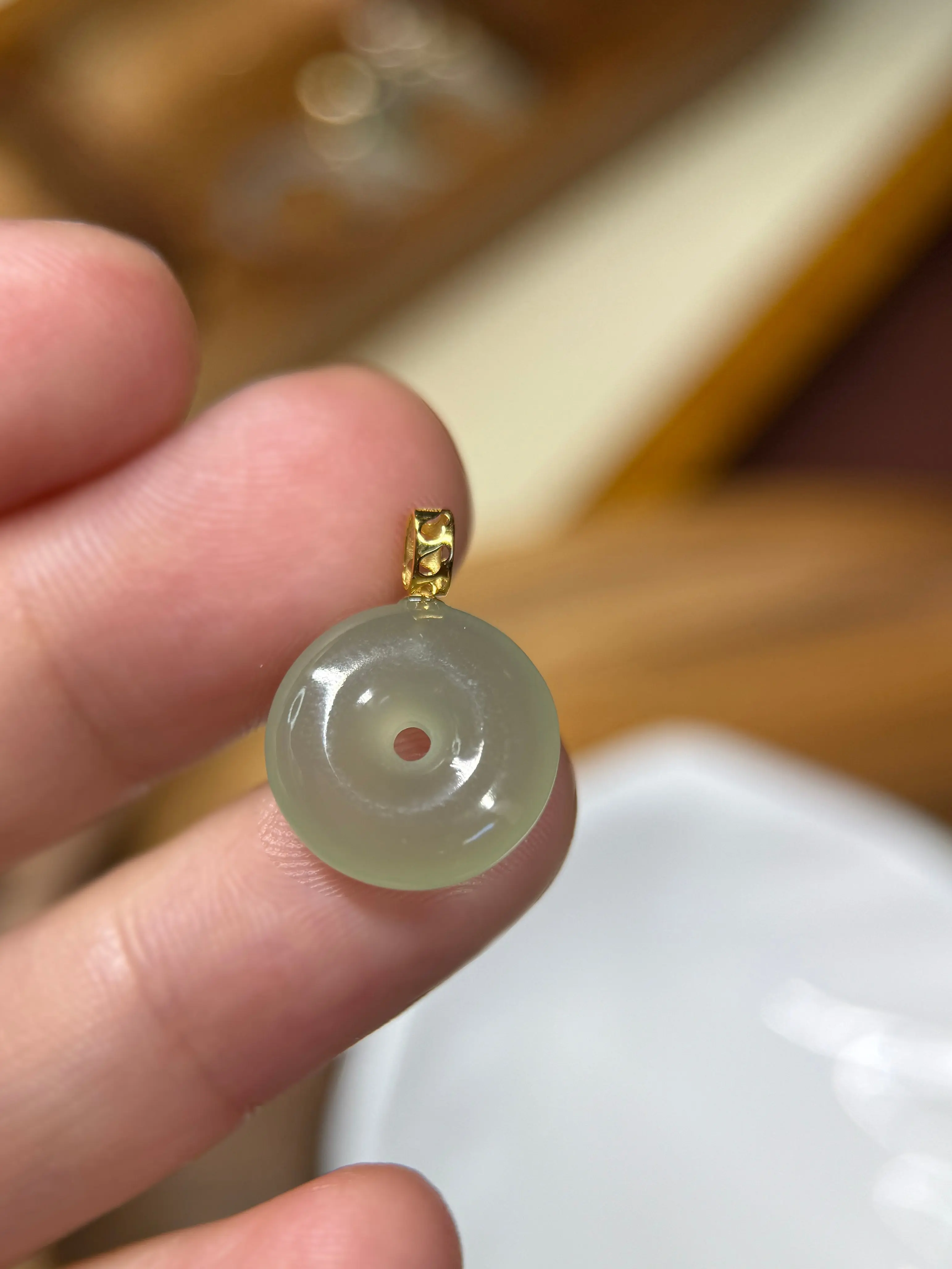 18K Gold Light Green Donut Jade Pendant
