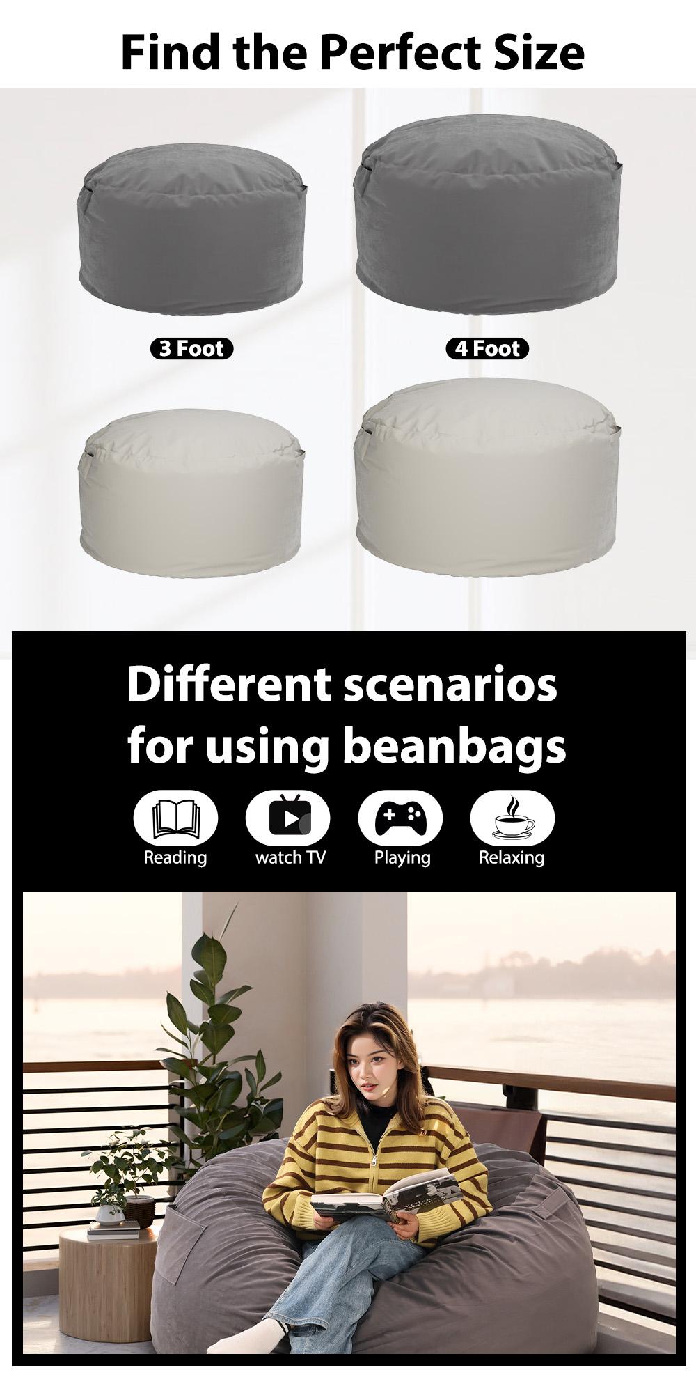 【Deal】Sweet Furniture Oversized Beanbag Chair for Adults - Soft Removable Cover - Giant Round Comfy Sofa for Living Room Bedroom College Dorm - 4 Feet