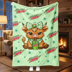 Mtn Dew Highland Cow Flannel Blanket, Cute Checkered Bow Pattern Throw, Soft Warm Blanket for Home Office Travel Camping, Mountain Dew Fan Gift