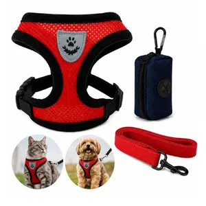 Dog Cat Harness and Leash with Multipurpose Pouch, Adjustable Reflective Step-In Soft Mesh Pet Harness for Small to Medium Dogs & Cats, Breathable Lightweight Walking Vest with Leash