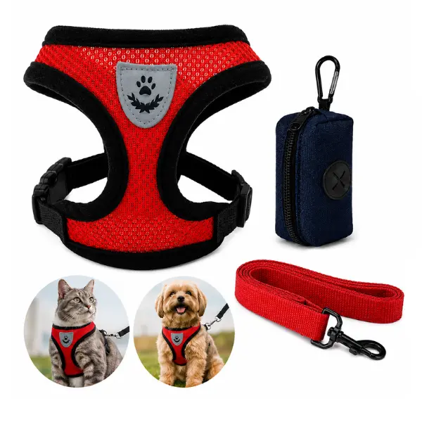 Dog Cat Harness and Leash with Multipurpose Pouch, Adjustable Reflective Step-In Soft Mesh Pet Harness for Small to Medium Dogs & Cats, Breathable Lightweight Walking Vest with Leash